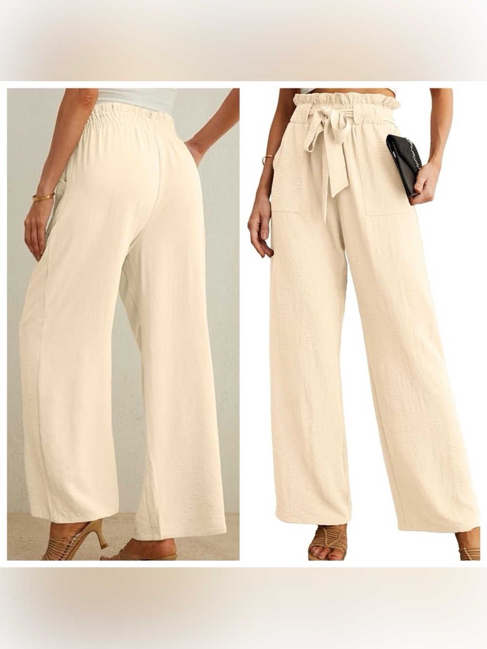 Women’s Sz 2X Paperbag Waist Pockets Wide-Leg pull on lightweight Pants in Cream